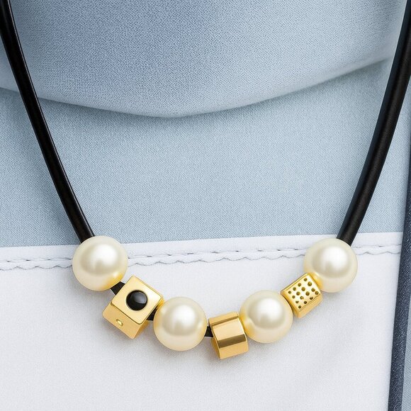 🆕️Modern Chic Pearl And Gold Bead Necklace On Leather Cord + Bonus Earrings - Picture 7 of 10